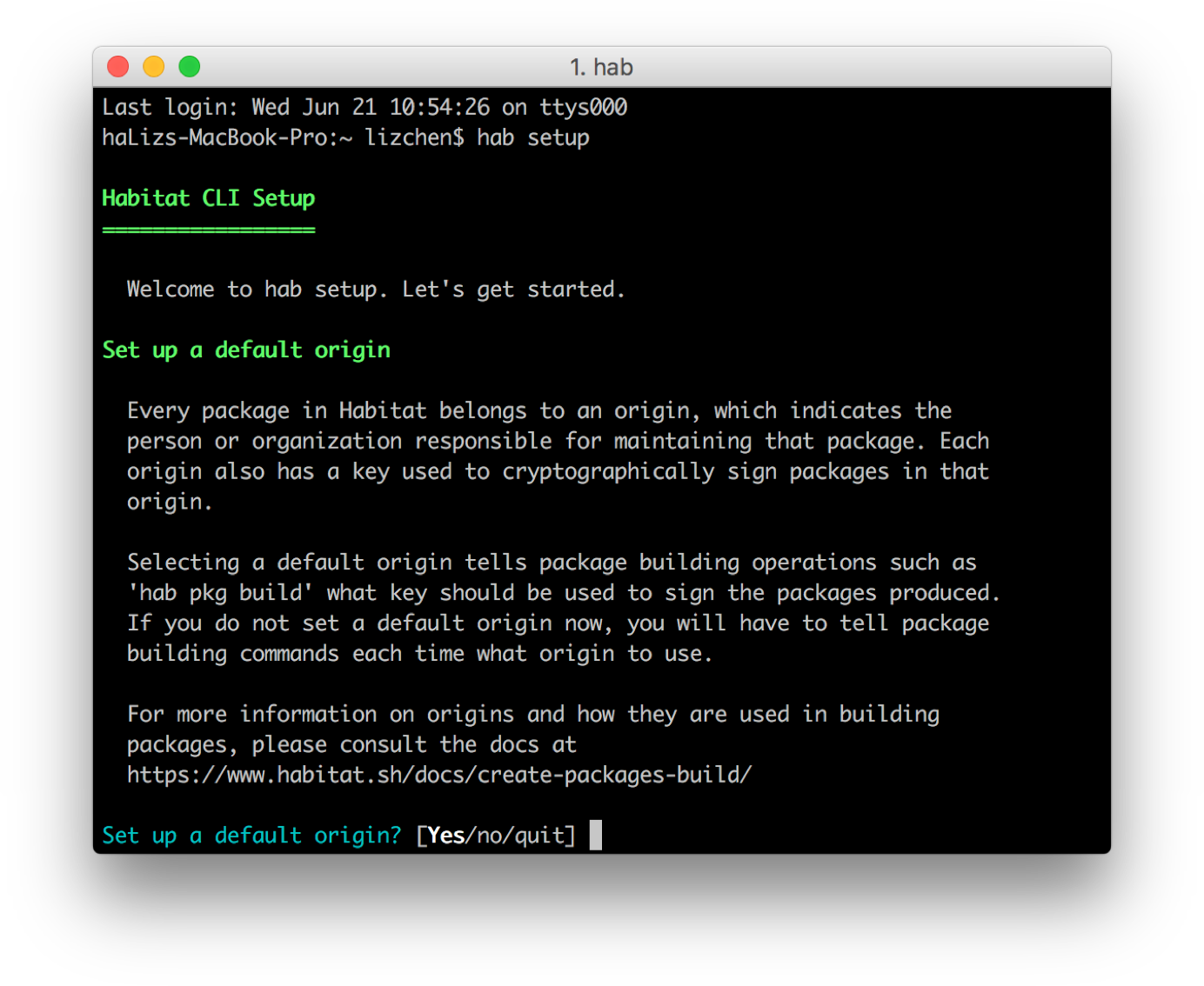 Habitat CLI setup output